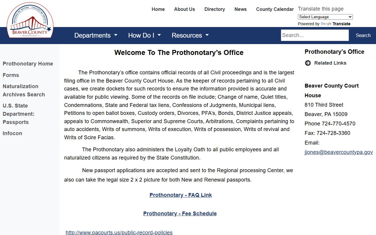 Beaver County civil records Prothonotary office page