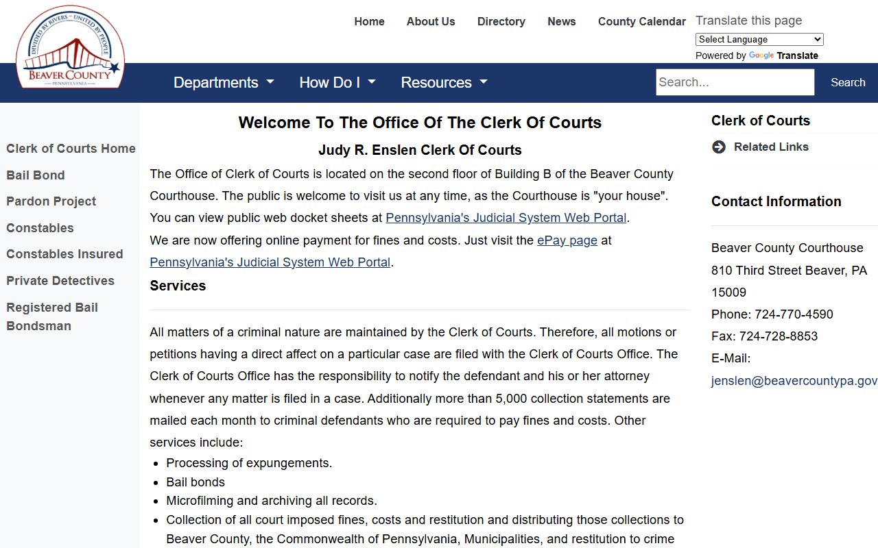 Beaver County criminal records Clerk of Courts office page