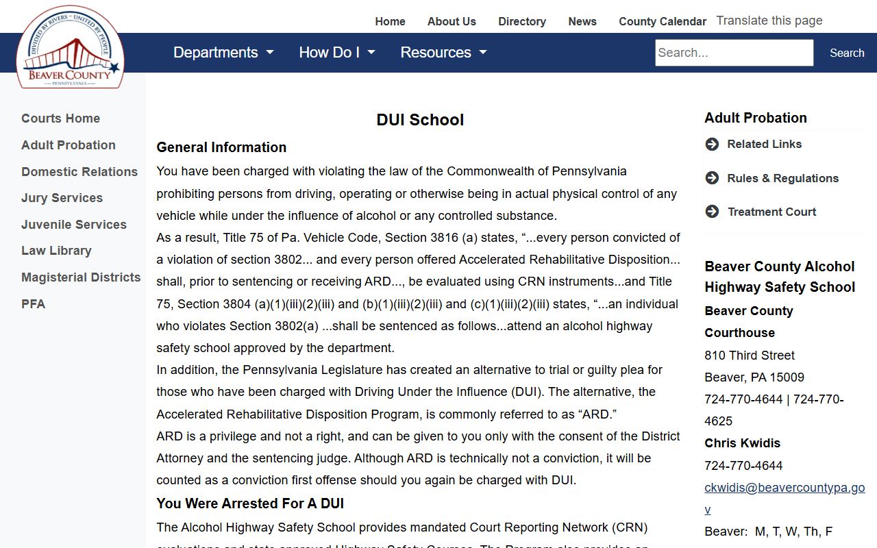 Beaver County arrest records and court charges Adult Probation DUI school page