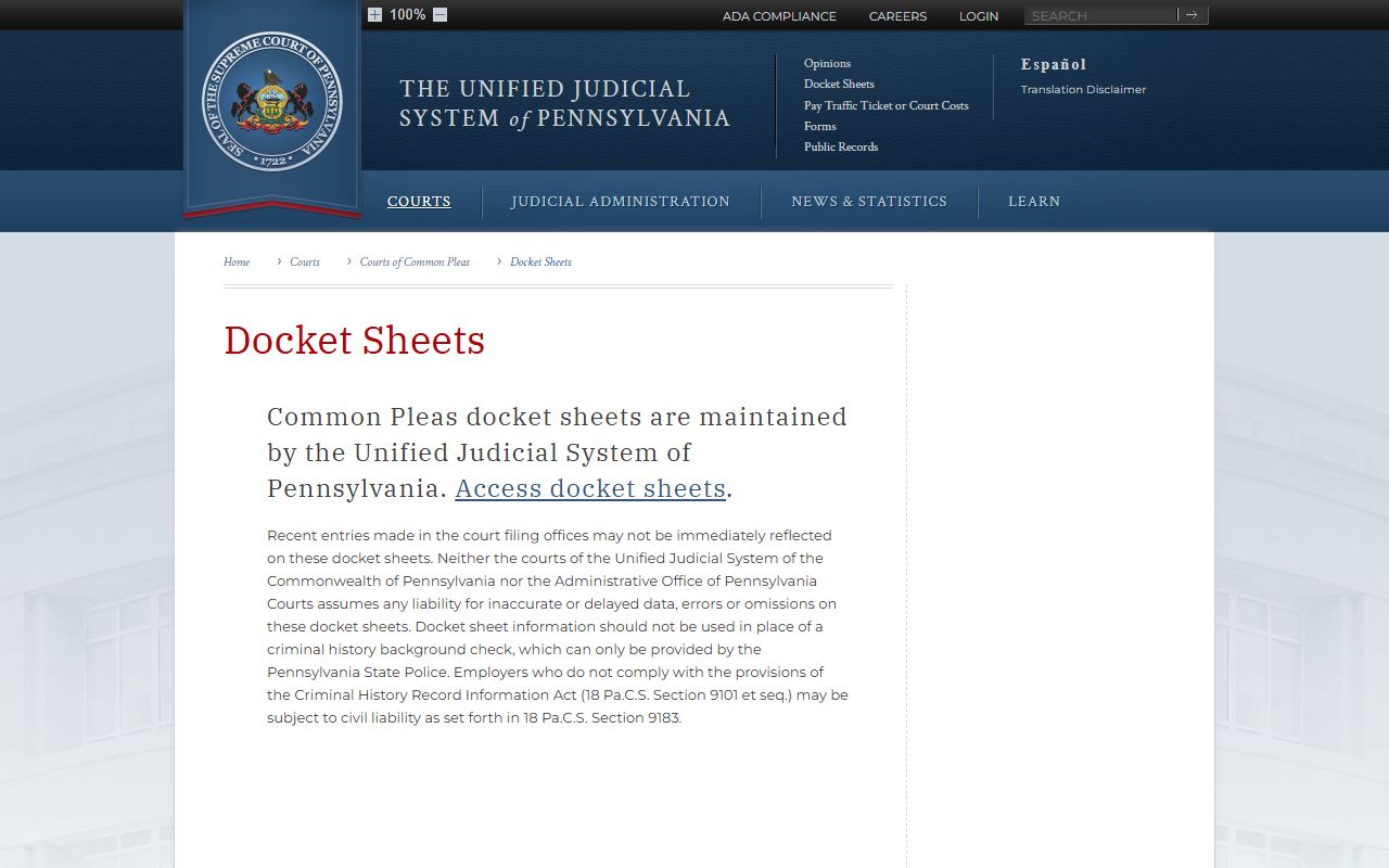 Beaver County court dockets Common Pleas docket sheets