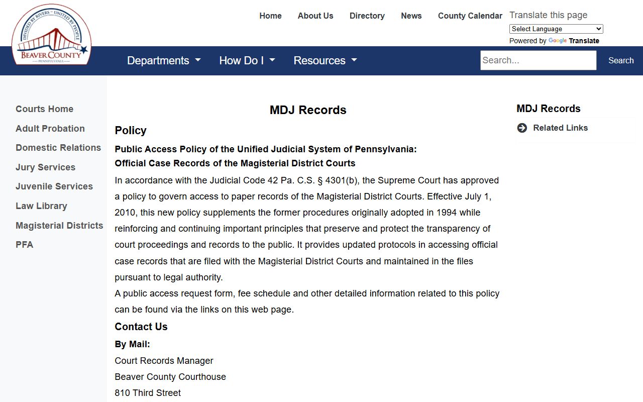 Beaver County court records MDJ records request channels