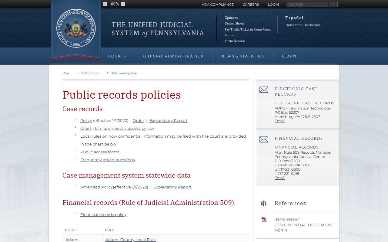 Beaver County court records UJS public records policy source