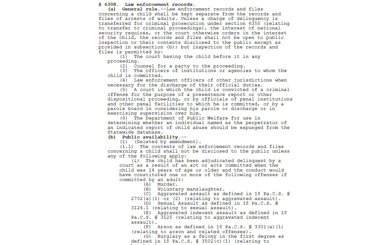 Beaver County court records juvenile law enforcement restriction statute