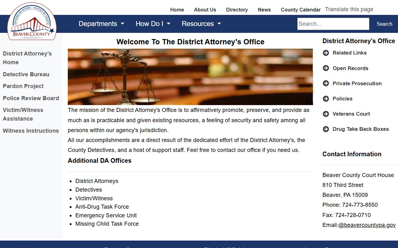 Beaver County criminal court records District Attorney department page