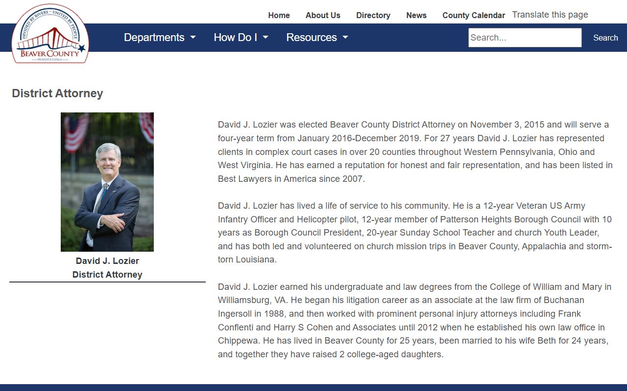 Beaver County criminal court records District Attorney David J. Lozier bio