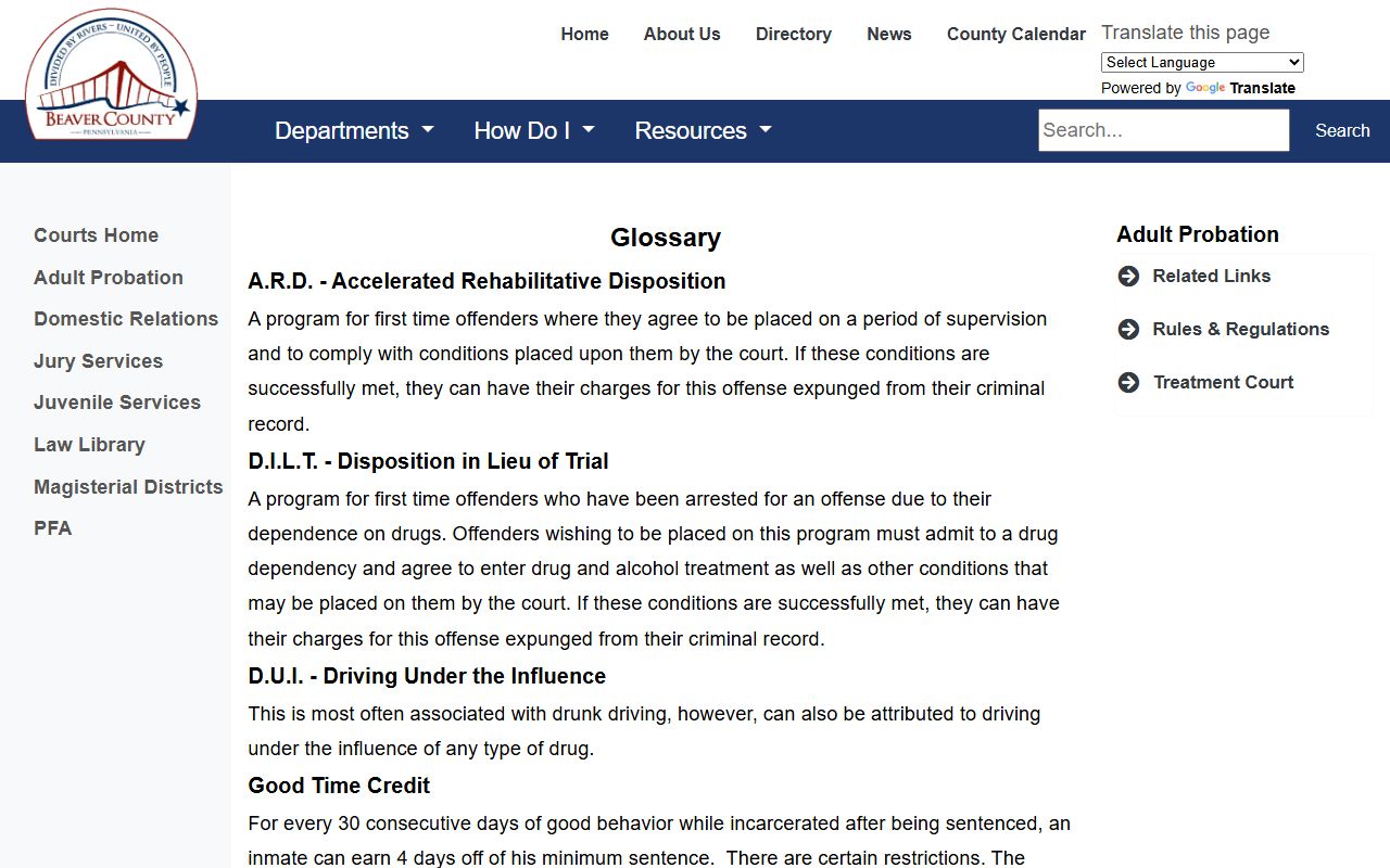 Beaver County criminal court records Adult Probation glossary