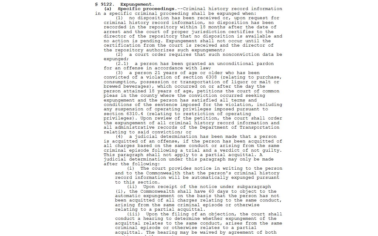 Beaver County criminal court records Pennsylvania expungement statute
