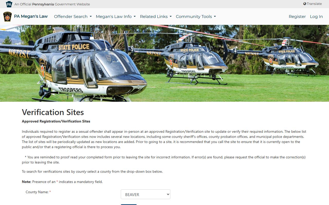 Beaver County court records Megan's Law verification sites