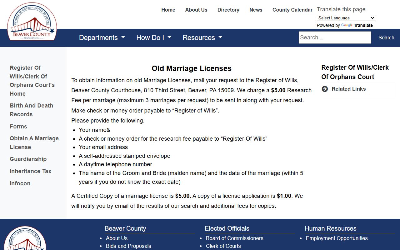 Beaver County marriage and divorce records old marriage license request instructions
