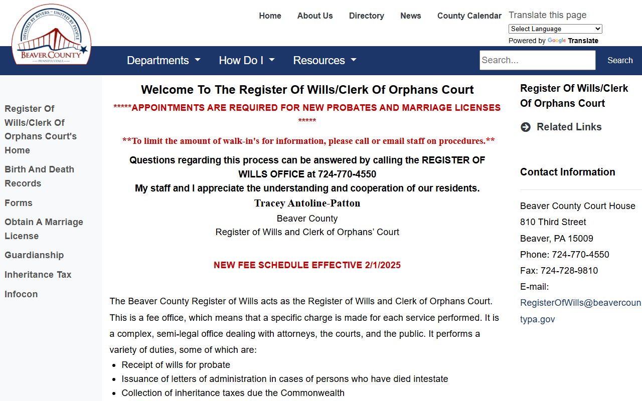 Beaver County probate records Register of Wills and Orphans' Court