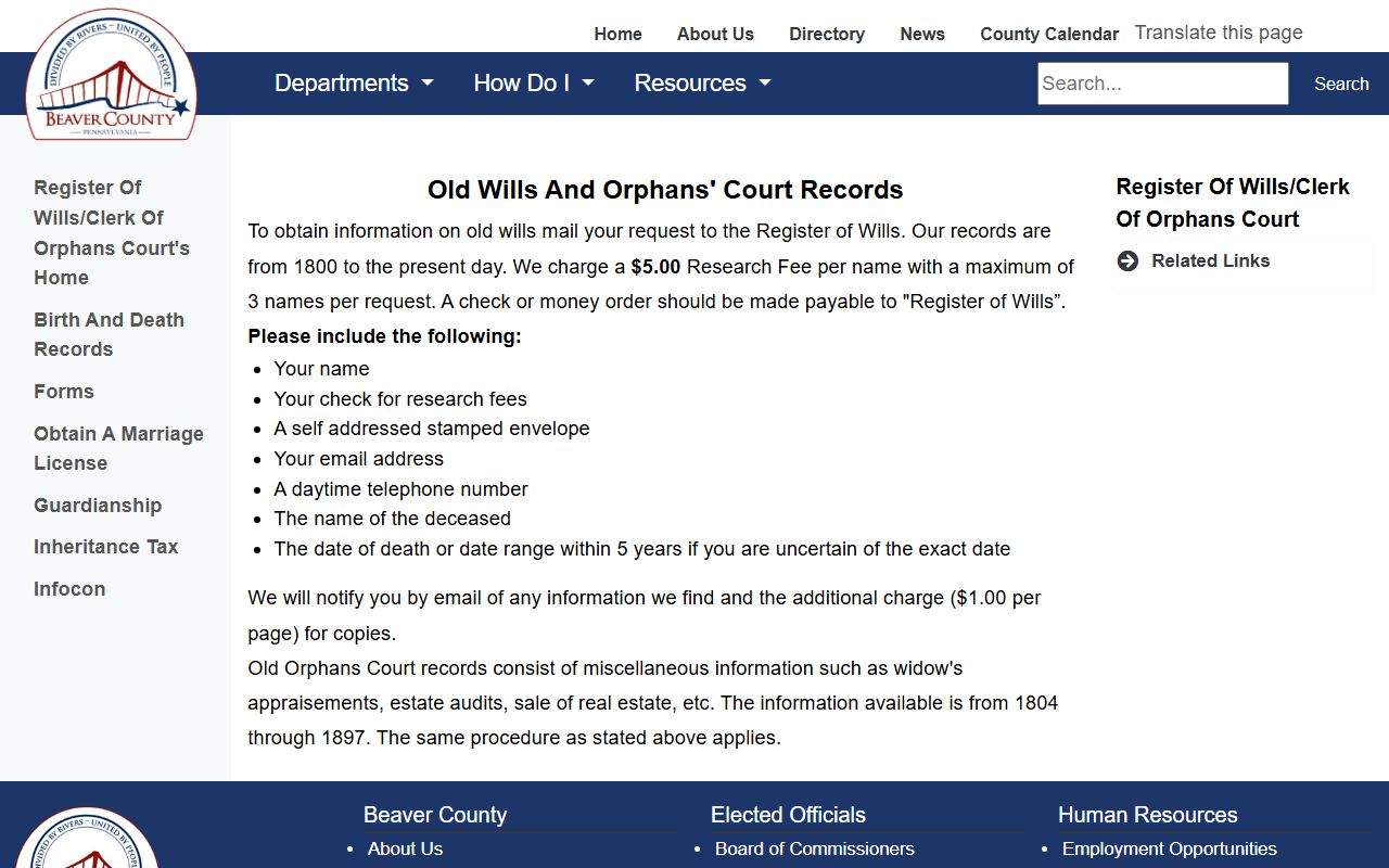 Beaver County probate records old wills and Orphans' Court record requests