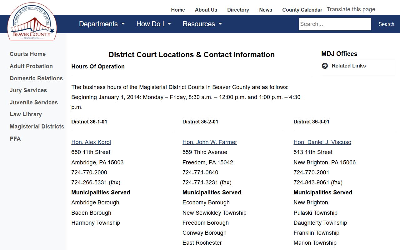 Beaver County traffic court records Magisterial District Judge locations