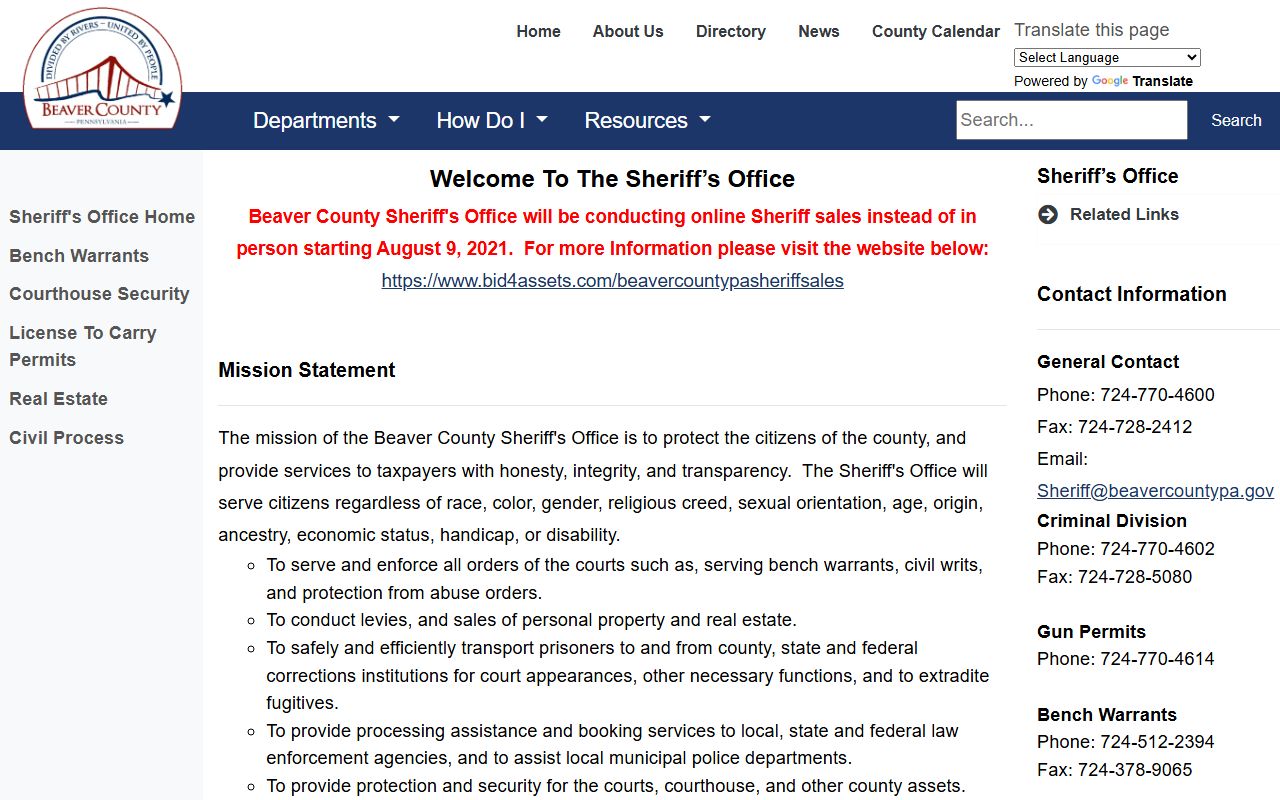 Beaver County warrant search Sheriff's Office services page