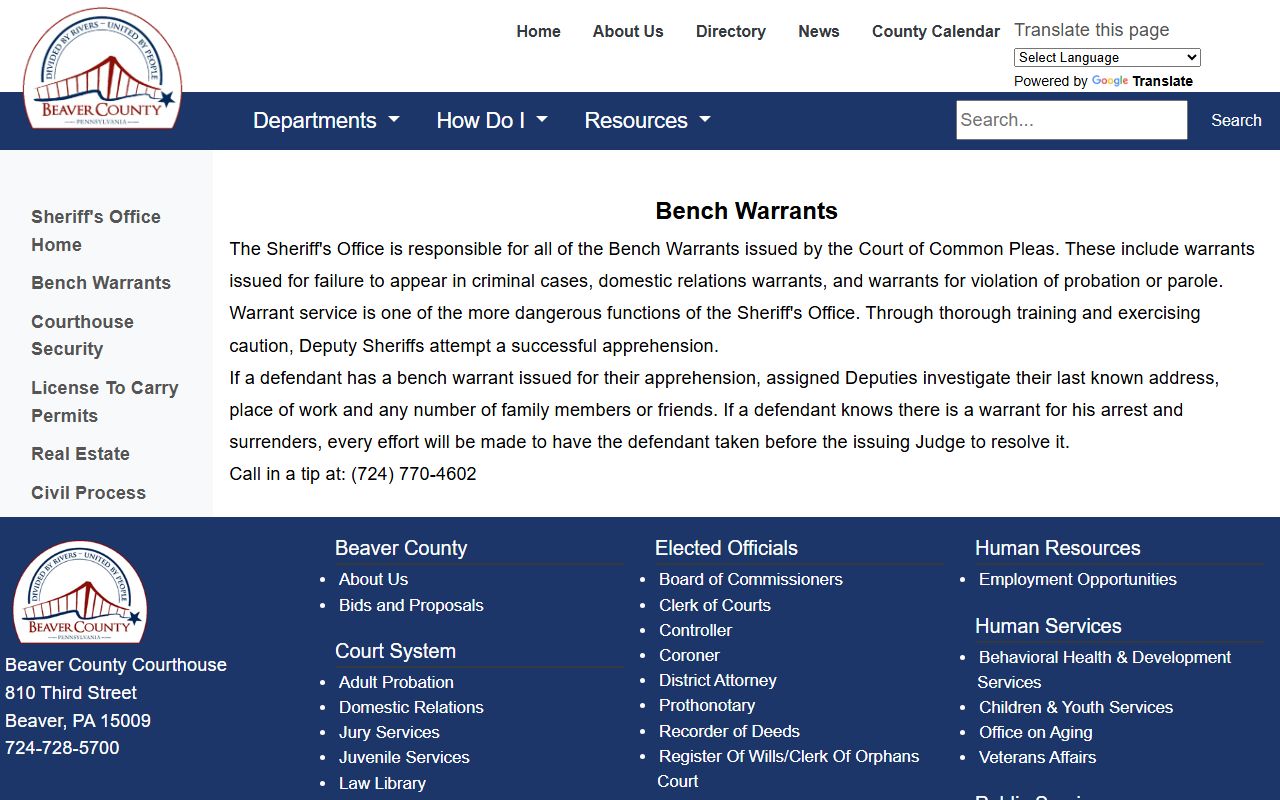Beaver County warrant search Common Pleas bench warrants page